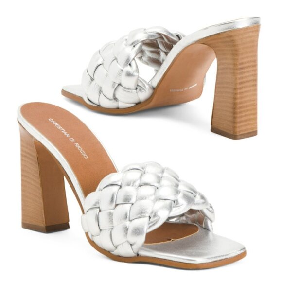 NWT CHRISTIAN DI RICCIO Silver Metallic Braided Band Heel Slip-on Sandals - Picture 1 of 7